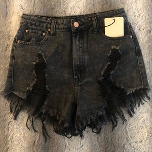 Washed Black Fray Denim Shorts